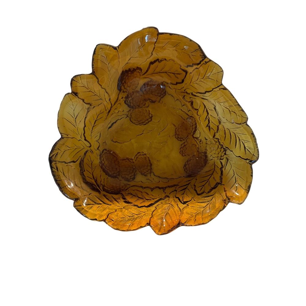 Amber Glass Leaf-Shaped Bowl with Raised Berry & Leaf Pattern